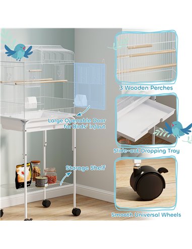 PawHut Bird Cage Budgie Cages for Finch Canary Parakeet with Stand Wheels Slide-out Tray Accessories Storage Shelf, White