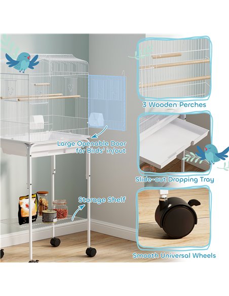 PawHut Bird Cage Budgie Cages for Finch Canary Parakeet with Stand Wheels Slide-out Tray Accessories Storage Shelf, White - pic 176518 | FastDaddyshop