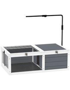 PawHut Tortoise Table with Adjustable Lamp Holder, Wooden Tortoise House w/ Openable Lids, Pull-Out Trays - Grey