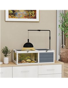 PawHut Tortoise Table with Adjustable Lamp Holder, Wooden Tortoise House w/ Openable Lids, Pull-Out Trays - Grey 2