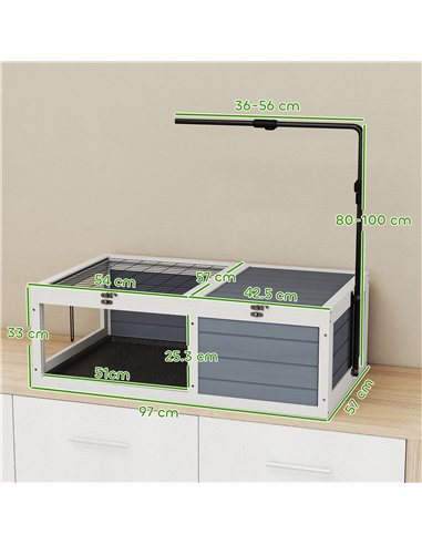 PawHut Tortoise Table with Adjustable Lamp Holder, Wooden Tortoise House w/ Openable Lids, Pull-Out Trays - Grey