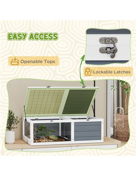 PawHut Tortoise Table with Adjustable Lamp Holder, Wooden Tortoise House w/ Openable Lids, Pull-Out Trays - Grey - pic 176546 | FastDaddyshop