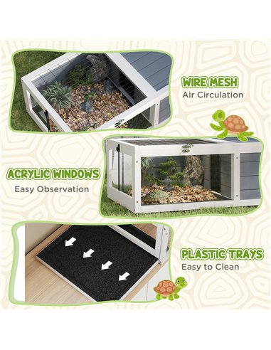 PawHut Tortoise Table with Adjustable Lamp Holder, Wooden Tortoise House w/ Openable Lids, Pull-Out Trays - Grey