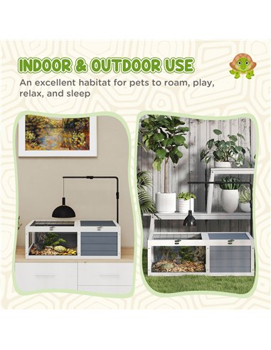 PawHut Tortoise Table with Adjustable Lamp Holder, Wooden Tortoise House w/ Openable Lids, Pull-Out Trays - Grey