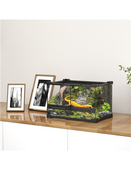PawHut Reptile Glass Terrarium with Stone Background, Front Ventilation, Escape-Proof Knob Lock, 30 x 20 x 20 cm, Black - pic 176560 | FastDaddyshop