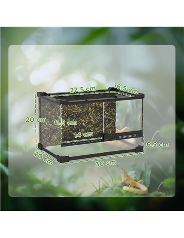 PawHut Reptile Glass Terrarium with Stone Background, Front Ventilation, Escape-Proof Knob Lock, 30 x 20 x 20 cm, Black