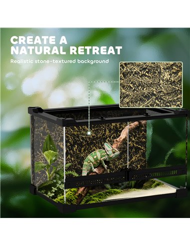 PawHut Reptile Glass Terrarium with Stone Background, Front Ventilation, Escape-Proof Knob Lock, 30 x 20 x 20 cm, Black