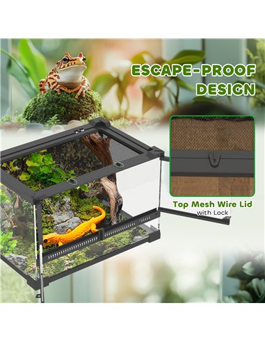 PawHut Reptile Glass Terrarium with Stone Background, Front Ventilation, Escape-Proof Knob Lock, 30 x 20 x 20 cm, Black