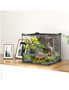 PawHut Reptile Glass Terrarium with Stone Background, Front Ventilation, Escape-Proof Knob Lock, 30 x 30 x 30 cm, Black 2