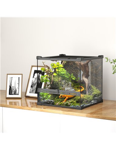 PawHut Reptile Glass Terrarium with Stone Background, Front Ventilation, Escape-Proof Knob Lock, 30 x 30 x 30 cm, Black