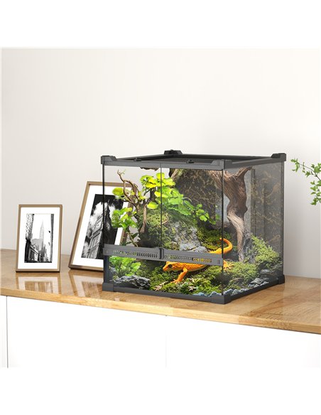 PawHut Reptile Glass Terrarium with Stone Background, Front Ventilation, Escape-Proof Knob Lock, 30 x 30 x 30 cm, Black - pic 176569 | FastDaddyshop