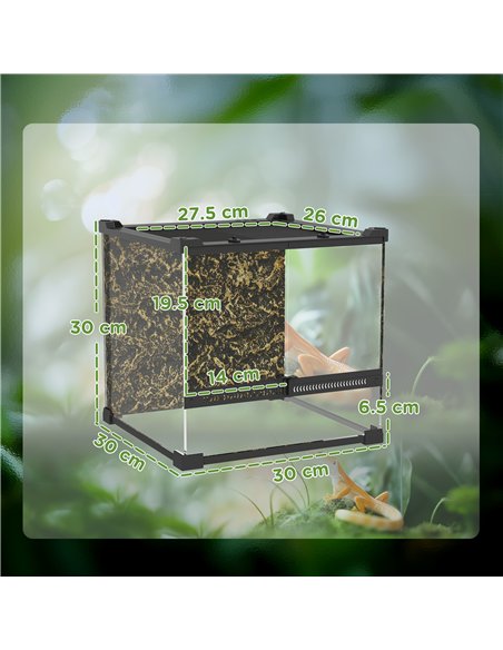 PawHut Reptile Glass Terrarium with Stone Background, Front Ventilation, Escape-Proof Knob Lock, 30 x 30 x 30 cm, Black - pic 176570 | FastDaddyshop