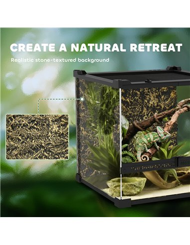 PawHut Reptile Glass Terrarium with Stone Background, Front Ventilation, Escape-Proof Knob Lock, 30 x 30 x 30 cm, Black