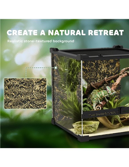 PawHut Reptile Glass Terrarium with Stone Background, Front Ventilation, Escape-Proof Knob Lock, 30 x 30 x 30 cm, Black - pic 176572 | FastDaddyshop