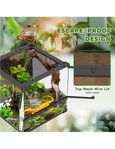 PawHut Reptile Glass Terrarium with Stone Background, Front Ventilation, Escape-Proof Knob Lock, 30 x 30 x 30 cm, Black