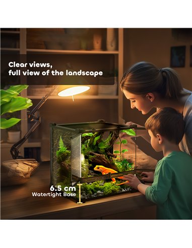 PawHut Reptile Glass Terrarium with Stone Background, Front Ventilation, Escape-Proof Knob Lock, 30 x 30 x 30 cm, Black