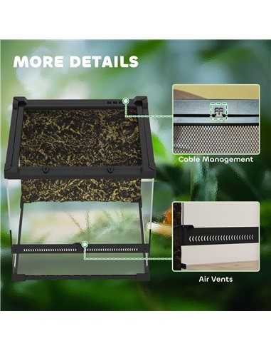 PawHut Reptile Glass Terrarium with Stone Background, Front Ventilation, Escape-Proof Knob Lock, 30 x 30 x 30 cm, Black