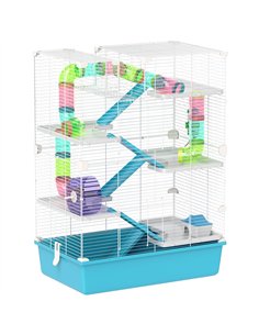 PawHut 6 Tier Hamster Cage, Small Animal Cage with Tubes, Exercise Wheel, Ramps, Hut, Food Dish, Water Bottle, Light Blue