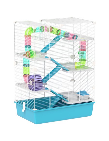 PawHut 6 Tier Hamster Cage, Small Animal Cage with Tubes, Exercise Wheel, Ramps, Hut, Food Dish, Water Bottle, Light Blue - pic 176595 | FastDaddyshop