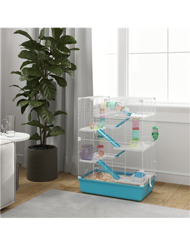 PawHut 6 Tier Hamster Cage, Small Animal Cage with Tubes, Exercise Wheel, Ramps, Hut, Food Dish, Water Bottle, Light Blue