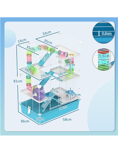 PawHut 6 Tier Hamster Cage, Small Animal Cage with Tubes, Exercise Wheel, Ramps, Hut, Food Dish, Water Bottle, Light Blue
