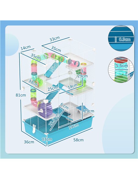 PawHut 6 Tier Hamster Cage, Small Animal Cage with Tubes, Exercise Wheel, Ramps, Hut, Food Dish, Water Bottle, Light Blue - pic 176597 | FastDaddyshop