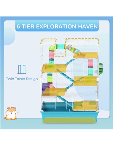 PawHut 6 Tier Hamster Cage, Small Animal Cage with Tubes, Exercise Wheel, Ramps, Hut, Food Dish, Water Bottle, Light Blue