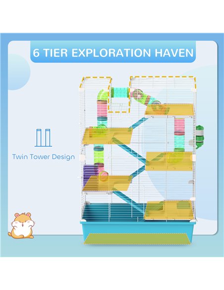 PawHut 6 Tier Hamster Cage, Small Animal Cage with Tubes, Exercise Wheel, Ramps, Hut, Food Dish, Water Bottle, Light Blue - pic 176598 | FastDaddyshop