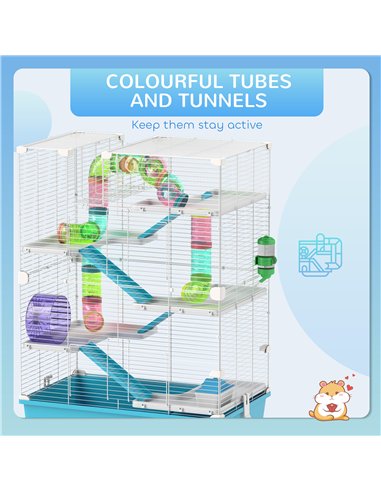 PawHut 6 Tier Hamster Cage, Small Animal Cage with Tubes, Exercise Wheel, Ramps, Hut, Food Dish, Water Bottle, Light Blue