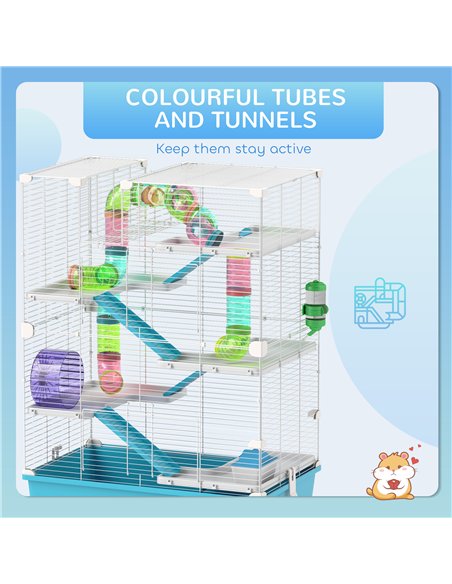 PawHut 6 Tier Hamster Cage, Small Animal Cage with Tubes, Exercise Wheel, Ramps, Hut, Food Dish, Water Bottle, Light Blue - pic 176599 | FastDaddyshop