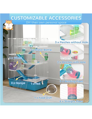 PawHut 6 Tier Hamster Cage, Small Animal Cage with Tubes, Exercise Wheel, Ramps, Hut, Food Dish, Water Bottle, Light Blue