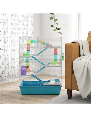 PawHut 6 Tier Hamster Cage, Small Animal Cage with Tubes, Exercise Wheel, Ramps, Hut, Food Dish, Water Bottle, Light Blue