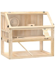 PawHut Wooden Hamster Cage with Detachable 31cm Deep Bottom, Hut, Seesaw, Exercise Wheel, Ramp, 80 x 50 x 76cm, Natural
