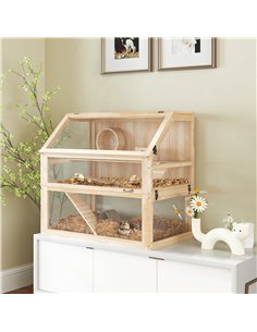 PawHut Wooden Hamster Cage with Detachable 31cm Deep Bottom, Hut, Seesaw, Exercise Wheel, Ramp, 80 x 50 x 76cm, Natural 2