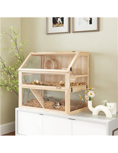 PawHut Wooden Hamster Cage with Detachable 31cm Deep Bottom, Hut, Seesaw, Exercise Wheel, Ramp, 80 x 50 x 76cm, Natural