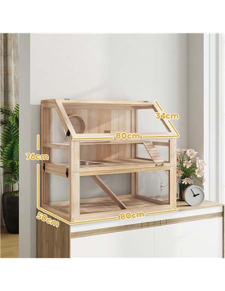 PawHut Wooden Hamster Cage with Detachable 31cm Deep Bottom, Hut, Seesaw, Exercise Wheel, Ramp, 80 x 50 x 76cm, Natural - pic 176606 | FastDaddyshop