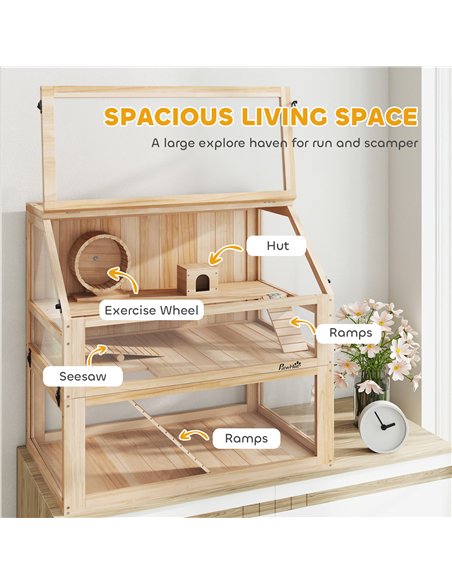 PawHut Wooden Hamster Cage with Detachable 31cm Deep Bottom, Hut, Seesaw, Exercise Wheel, Ramp, 80 x 50 x 76cm, Natural - pic 176607 | FastDaddyshop