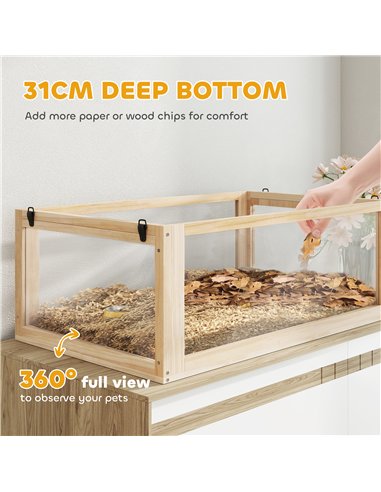 PawHut Wooden Hamster Cage with Detachable 31cm Deep Bottom, Hut, Seesaw, Exercise Wheel, Ramp, 80 x 50 x 76cm, Natural