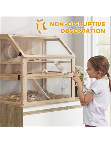 PawHut Wooden Hamster Cage with Detachable 31cm Deep Bottom, Hut, Seesaw, Exercise Wheel, Ramp, 80 x 50 x 76cm, Natural
