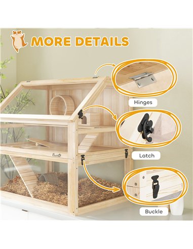 PawHut Wooden Hamster Cage with Detachable 31cm Deep Bottom, Hut, Seesaw, Exercise Wheel, Ramp, 80 x 50 x 76cm, Natural