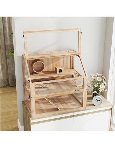 PawHut Wooden Hamster Cage with Detachable 31cm Deep Bottom, Hut, Seesaw, Exercise Wheel, Ramp, 80 x 50 x 76cm, Natural