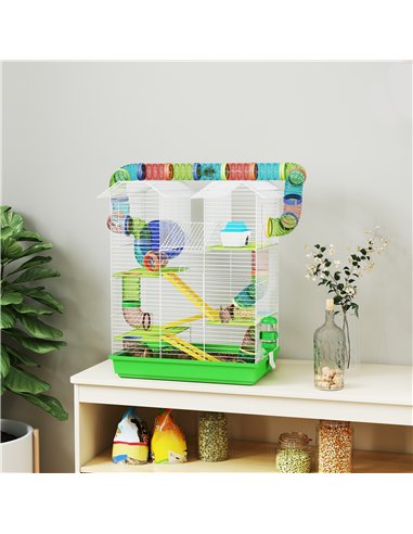 PawHut 5 Tier Hamster Cage Carrier Habitat with Exercise Wheels Tunnel Tube Water Bottle Dishes House Ladder for Dwarf Mice, Gre