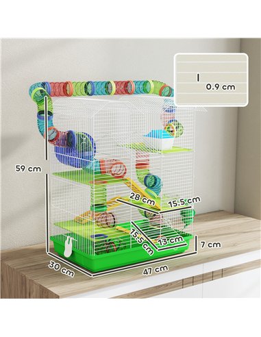 PawHut 5 Tier Hamster Cage Carrier Habitat with Exercise Wheels Tunnel Tube Water Bottle Dishes House Ladder for Dwarf Mice, Gre