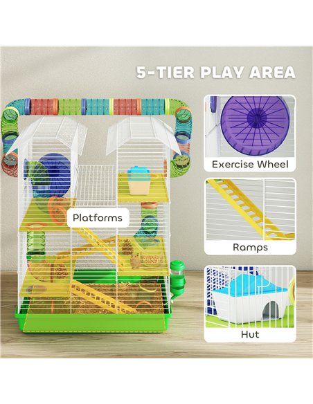 PawHut 5 Tier Hamster Cage Carrier Habitat with Exercise Wheels Tunnel Tube Water Bottle Dishes House Ladder for Dwarf Mice, Gre - pic 176616 | FastDaddyshop