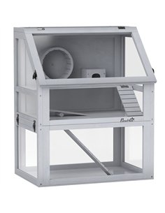 PawHut Wooden Hamster Cage with Detachable 32cm Deep Bottom, Hut, Seesaw, Exercise Wheel, Ramp, 60 x 40 x 75cm, Light Grey