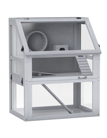 PawHut Wooden Hamster Cage with Detachable 32cm Deep Bottom, Hut, Seesaw, Exercise Wheel, Ramp, 60 x 40 x 75cm, Light Grey - pic 176622 | FastDaddyshop
