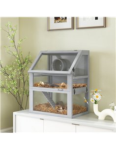 PawHut Wooden Hamster Cage with Detachable 32cm Deep Bottom, Hut, Seesaw, Exercise Wheel, Ramp, 60 x 40 x 75cm, Light Grey 2