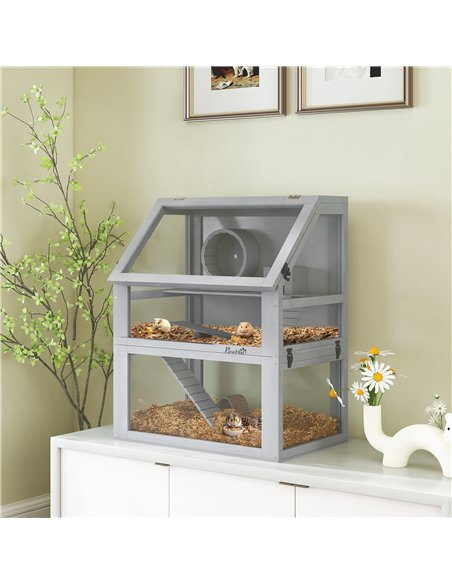 PawHut Wooden Hamster Cage with Detachable 32cm Deep Bottom, Hut, Seesaw, Exercise Wheel, Ramp, 60 x 40 x 75cm, Light Grey - pic 176623 | FastDaddyshop