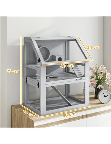 PawHut Wooden Hamster Cage with Detachable 32cm Deep Bottom, Hut, Seesaw, Exercise Wheel, Ramp, 60 x 40 x 75cm, Light Grey