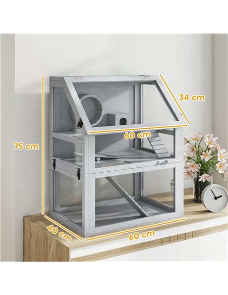 PawHut Wooden Hamster Cage with Detachable 32cm Deep Bottom, Hut, Seesaw, Exercise Wheel, Ramp, 60 x 40 x 75cm, Light Grey - pic 176624 | FastDaddyshop